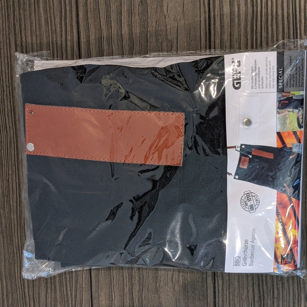 Barbecue Apron, black canvas with brown leather trim